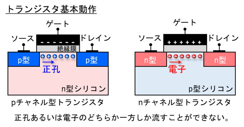  図１：シリコン・トランジスタの構造と基本動作  pチャネル型（左）とnチャネル型（右）トランジスタにおいて、それぞれのゲート端子に負電圧/正電圧を印加すると正孔（正電荷、青丸）/電子（負電荷、赤丸）がソース-ドレイン端子間を流れる。この基本ゲート操作では、どちらか一方の極性をもつキャリアしか流すことができない。