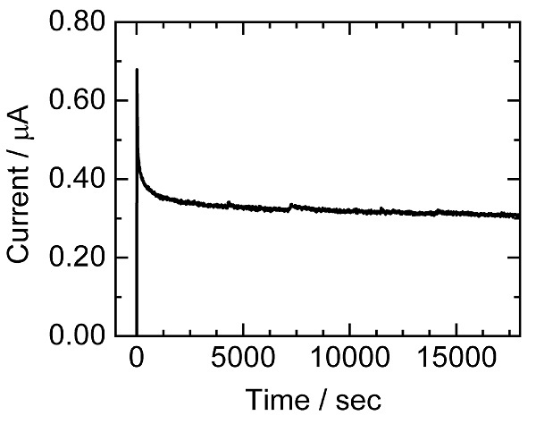  図４ ：マグネシウムイオン輸率算出のために行った対称セル（Mg | 2 | Mg）についての直流分極測定の結果