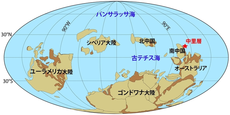  図３ ．前期デボン紀（約4.1億年前）の古地図と中里層が堆積した場所 （Torsvik and Cocks, 2016改変）