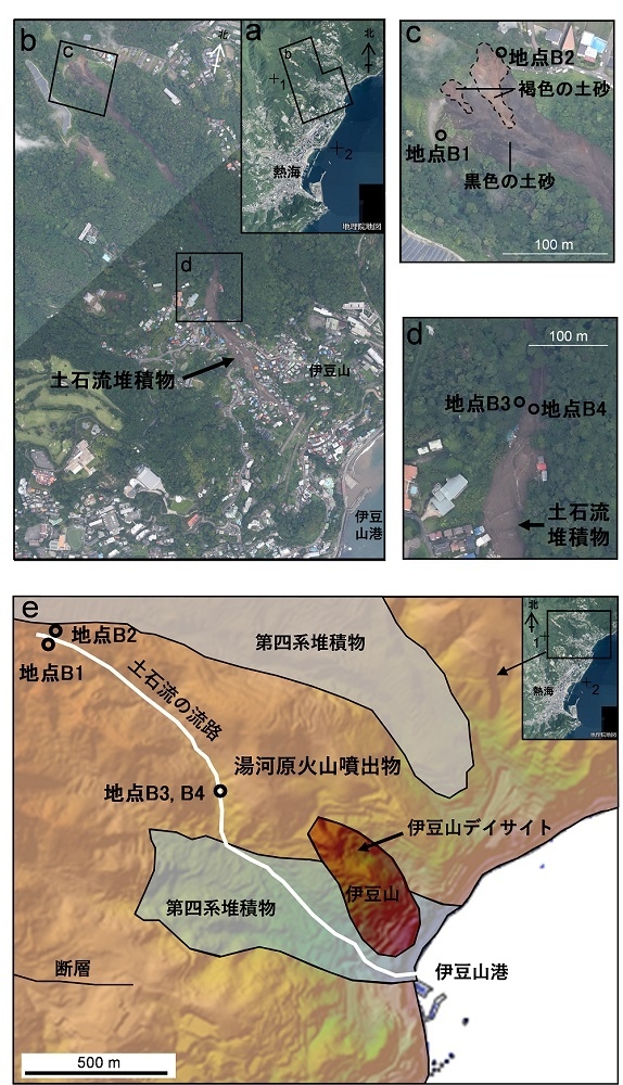 図1：熱海市伊豆山地区の土石流の流路と試料採取地点と地質．