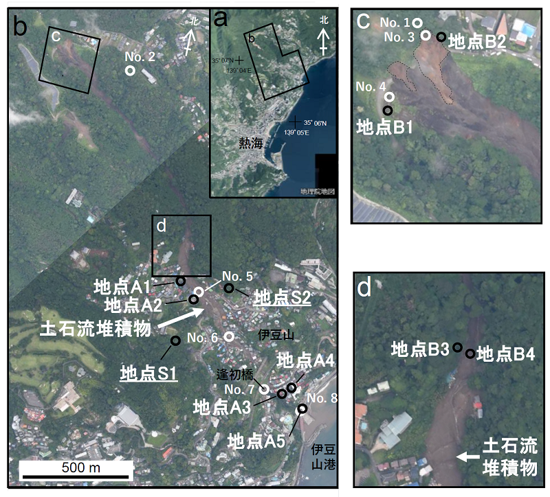  図１ ：熱海市伊豆山地区の土石流の流路と試料採取地点と地質。北村(2022)を一部改変。 a-d：土石流の流路と試料採取地点。No.1-8は静岡県(2021b)の試料採取地点。画像は地理院地図(2021)を使用。 