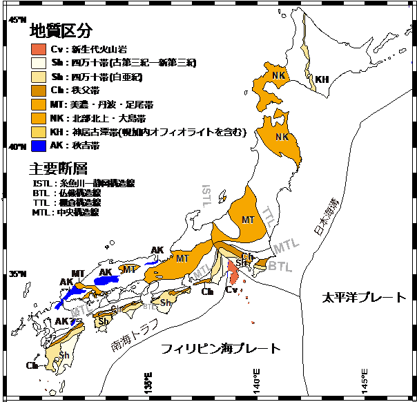 図６ ：日本の地質区分。但し、琉球列島を除く。Wallisetal.(2020)を改変。中生代のチャートは熱海周辺には分布していない。 