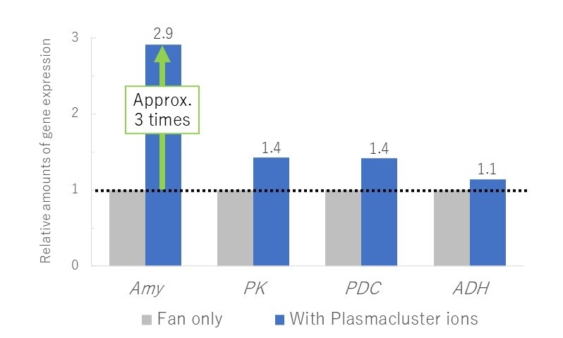  Fig. 5 Levels of expression for different genes after one hour of irradiation with Plasmacluster ions (relative levels with 1 as the fan-only level, n=3)